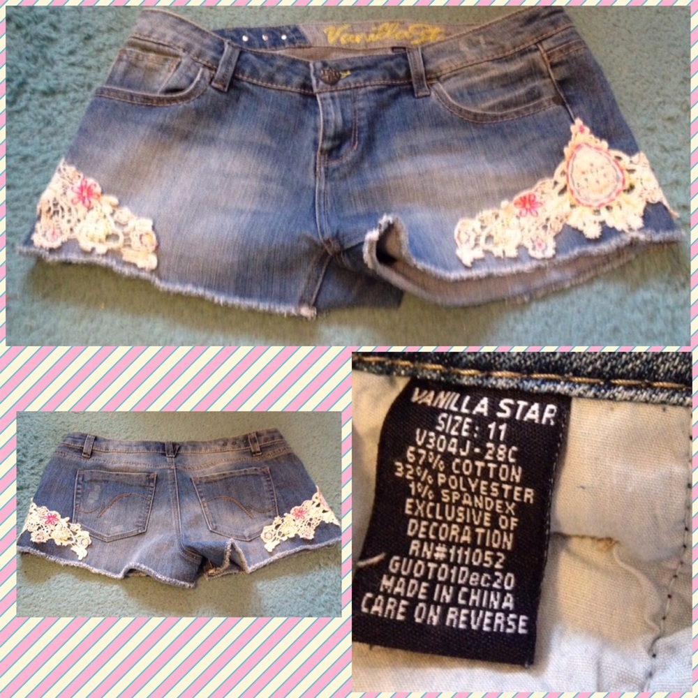Vanilla star lace embellished jean shorts
